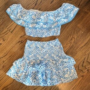 SHEIN Blue and White Off-Shoulder Top and Skirt Set